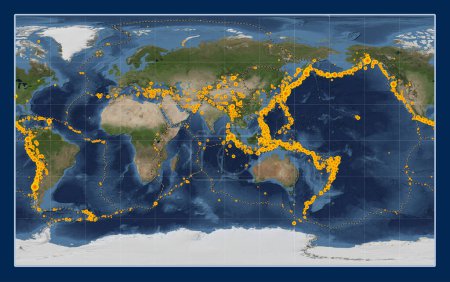 Foto de Ubicaciones de terremotos por encima de Richter 6.5 registradas desde principios del siglo XVII en el mapa satelital de mármol azul mundial en la proyección Compact Miller centrada en la longitud 90 meridiano este - Imagen libre de derechos