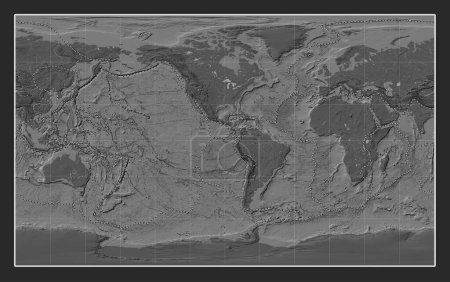 Photo for Tectonic plate boundaries on the world bilevel elevation map in the Compact Miller projection centered on the 90th meridian west longitude - Royalty Free Image