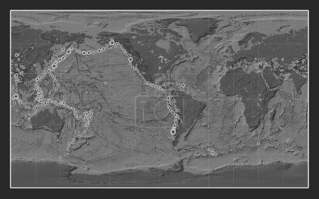 Photo for Locations of earthquakes above Richter 6.5 recorded since the early 17th century on the world bilevel elevation map in the Compact Miller projection centered on the 90th meridian west longitude - Royalty Free Image