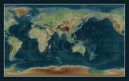 Téléchargez les photos : Carte d'élévation de style wikipédia du monde dans la projection Compact Miller centrée sur la 90e longitude est du méridien - en image libre de droit