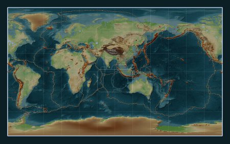 Photo for Distribution of known volcanoes on the world wikipedia style elevation map in the Compact Miller projection centered on the 90th meridian east longitude - Royalty Free Image