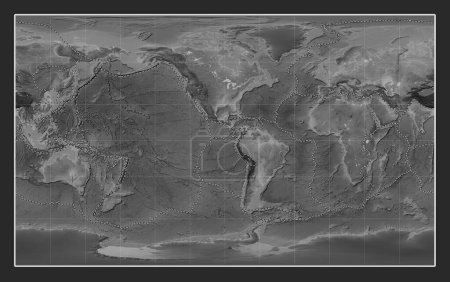 Foto de Límites de placas tectónicas en el mapa de elevación a escala de grises del mundo en la proyección Compact Miller centrada en la longitud del meridiano 90 oeste - Imagen libre de derechos