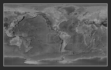 Photo for Distribution of known volcanoes on the world grayscale elevation map in the Compact Miller projection centered on the 90th meridian west longitude - Royalty Free Image