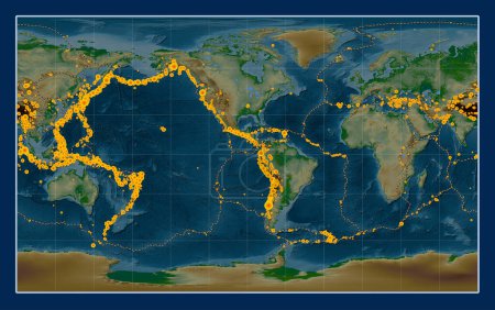 Téléchargez les photos : Emplacements des tremblements de terre au-dessus de Richter 6.5 enregistrés depuis le début du 17ème siècle sur la carte de l'altitude physique mondiale dans la projection Compact Miller centrée sur la 90ème longitude méridienne ouest - en image libre de droit