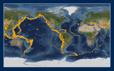 Photo for Locations of earthquakes above Richter 6.5 recorded since the early 17th century on the world blue Marble satellite map in the Compact Miller projection centered on the 90th meridian west longitude - Royalty Free Image