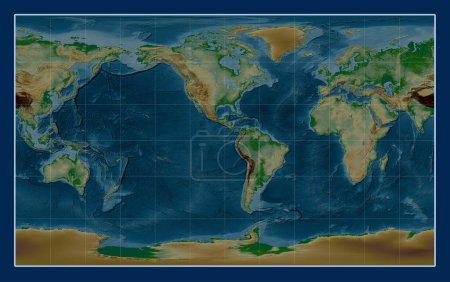 Téléchargez les photos : Carte de l'altitude physique mondiale dans la projection Compact Miller centrée sur la 90e longitude ouest du méridien - en image libre de droit