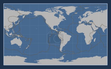 Foto de Límites de placas tectónicas en el mapa de contorno sólido mundial en la proyección Compact Miller centrada en la longitud meridiana 90 oeste - Imagen libre de derechos