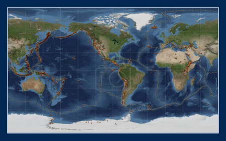 Photo for Distribution of known volcanoes on the world blue Marble satellite map in the Compact Miller projection centered on the 90th meridian west longitude - Royalty Free Image