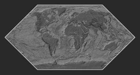 Foto de Límites de placas tectónicas en el mapa de elevación de bileveles del mundo en la proyección de Eckert I centrada en el meridiano primario - Imagen libre de derechos