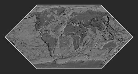 Foto de Distribución de volcanes conocidos en el mapa de elevación del nivel biliar mundial en la proyección de Eckert I centrada en el meridiano primario - Imagen libre de derechos