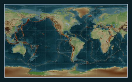 Téléchargez les photos : Distribution of known volcanoes on the world wikipedia style elevation map in the Compact Miller projection centered on the 90th meridian west longitude - en image libre de droit