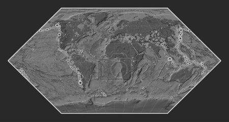 Téléchargez les photos : Emplacements des tremblements de terre au-dessus de 6,5 magnitude enregistrés depuis le début du 17ème siècle sur la carte d'altitude bilevel mondiale dans la projection Eckert I centrée sur le méridien principal - en image libre de droit