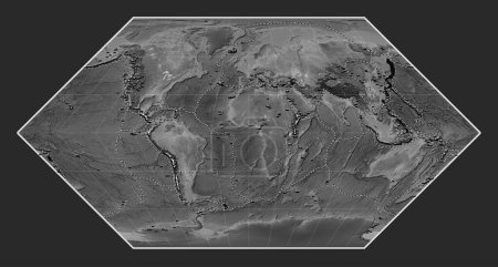 Foto de Distribución de volcanes conocidos en el mapa mundial de elevación a escala de grises en la proyección de Eckert I centrada en el meridiano primario - Imagen libre de derechos