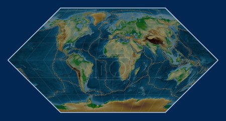 Photo for Tectonic plate boundaries on the world physical elevation map in the Eckert I projection centered on the prime meridian - Royalty Free Image