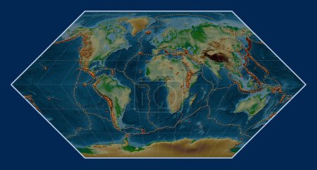 Foto de Distribución de volcanes conocidos en el mapa de elevación física mundial en la proyección de Eckert I centrada en el meridiano primario - Imagen libre de derechos