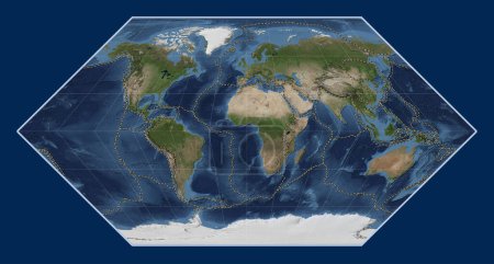 Téléchargez les photos : Limites des plaques tectoniques sur la carte satellite mondiale en marbre bleu dans la projection Eckert I centrée sur le méridien principal - en image libre de droit