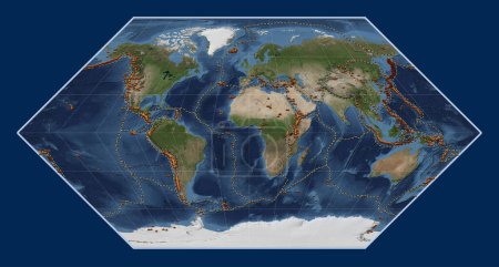 Téléchargez les photos : Répartition des volcans connus sur la carte satellite mondiale en marbre bleu dans la projection Eckert I centrée sur le méridien principal - en image libre de droit