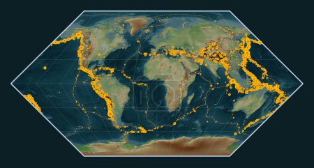 Photo for Locations of earthquakes above 6.5 magnitude recorded since the early 17th century on the world wiki style elevation map in the Eckert I projection centered on the prime meridian - Royalty Free Image