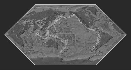 Foto de Ubicaciones de terremotos por encima de Richter 6.5 registradas desde principios del siglo XVII en el mapa de elevación de bileveles del mundo en la proyección de Eckert I centrada en la línea de fecha - Imagen libre de derechos