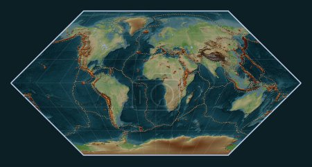 Foto de Distribución de volcanes conocidos en el mapa de elevación de estilo wiki del mundo en la proyección de Eckert I centrada en el meridiano primario - Imagen libre de derechos