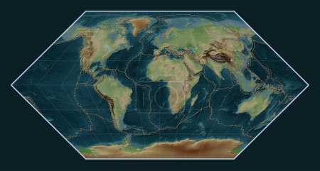 Téléchargez les photos : Limites des plaques tectoniques sur la carte d'élévation de style wiki du monde dans la projection Eckert I centrée sur le méridien principal - en image libre de droit