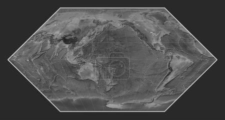 Photo for Tectonic plate boundaries on the world grayscale elevation map in the Eckert I projection centered on the date line - Royalty Free Image