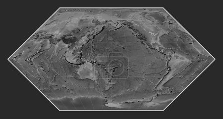 Téléchargez les photos : Distribution of known volcanoes on the world grayscale elevation map in the Eckert I projection centered on the date line - en image libre de droit
