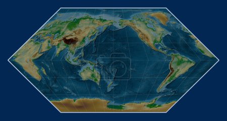 Téléchargez les photos : Carte de l'altitude physique mondiale dans la projection d'Eckert I centrée sur la ligne de date - en image libre de droit
