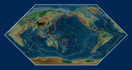 Téléchargez les photos : Distribution of known volcanoes on the world physical elevation map in the Eckert I projection centered on the date line - en image libre de droit