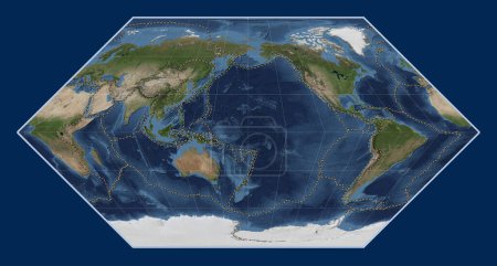 Photo for Tectonic plate boundaries on the world blue Marble satellite map in the Eckert I projection centered on the date line - Royalty Free Image