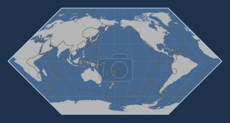 Foto de Límites de placas tectónicas en el mapa de contorno sólido del mundo en la proyección de Eckert I centrada en la línea de fecha - Imagen libre de derechos