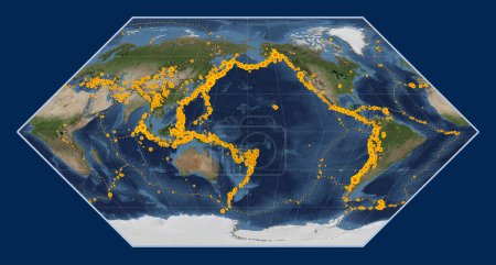 Téléchargez les photos : Lieux des tremblements de terre au-dessus de Richter 6.5 enregistrés depuis le début du 17ème siècle sur la carte satellite mondiale en marbre bleu dans la projection Eckert I centrée sur la ligne de date - en image libre de droit