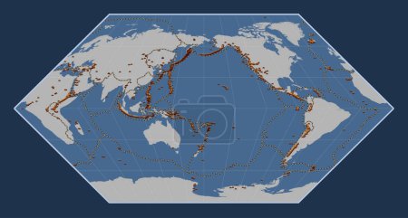 Foto de Distribución de volcanes conocidos en el mapa del contorno sólido del mundo en la proyección de Eckert I centrada en la línea de fecha - Imagen libre de derechos