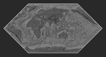 Téléchargez les photos : Limites des plaques tectoniques sur la carte de l'altitude bilevel mondiale dans la projection Eckert I centrée sur la 90e longitude est du méridien - en image libre de droit