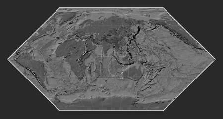 Foto de Distribución de volcanes conocidos en el mapa de elevación de bileveles del mundo en la proyección de Eckert I centrada en la longitud del meridiano 90 este - Imagen libre de derechos