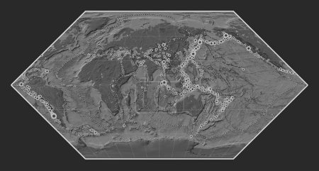 Foto de Ubicaciones de terremotos por encima de Richter 6.5 registradas desde principios del siglo XVII en el mapa de elevación de bileveles del mundo en la proyección de Eckert I centrada en la longitud 90 meridiano este - Imagen libre de derechos