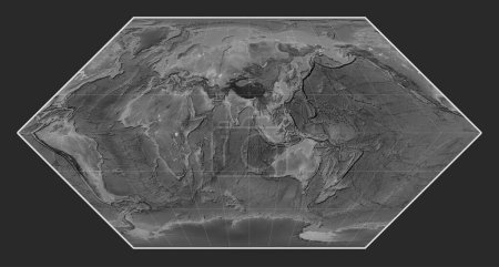 Téléchargez les photos : Carte de l'altitude mondiale en niveaux de gris dans la projection d'Eckert I centrée sur la 90e longitude méridienne est - en image libre de droit