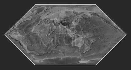 Téléchargez les photos : Limites des plaques tectoniques sur la carte de l'altitude en niveaux de gris dans la projection d'Eckert I centrée sur la 90e longitude est du méridien - en image libre de droit