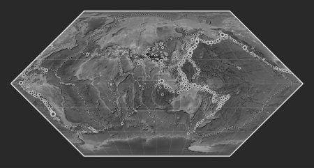 Foto de Ubicaciones de terremotos por encima de Richter 6.5 registradas desde principios del siglo XVII en el mapa de elevación a escala de grises del mundo en la proyección de Eckert I centrada en la longitud del meridiano 90 este - Imagen libre de derechos