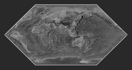 Foto de Distribución de volcanes conocidos en el mapa de elevación a escala de grises del mundo en la proyección de Eckert I centrada en la longitud del meridiano 90 este - Imagen libre de derechos