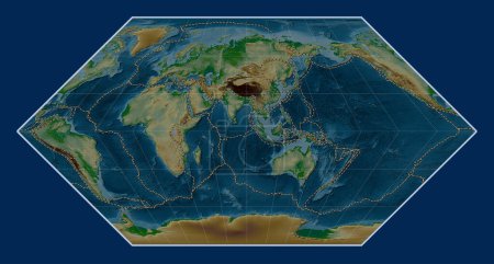 Téléchargez les photos : Limites des plaques tectoniques sur la carte de l'altitude physique mondiale dans la projection d'Eckert I centrée sur la 90e longitude est du méridien - en image libre de droit