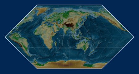 Téléchargez les photos : Carte de l'altitude physique mondiale dans la projection d'Eckert I centrée sur la 90e longitude est du méridien - en image libre de droit