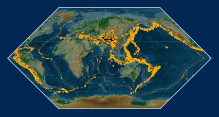 Photo for Locations of earthquakes above Richter 6.5 recorded since the early 17th century on the world physical elevation map in the Eckert I projection centered on the 90th meridian east longitude - Royalty Free Image