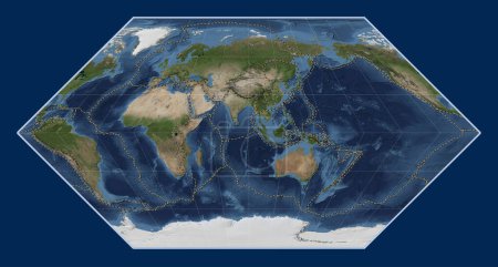 Foto de Límites de placas tectónicas en el mapa satélite de mármol azul del mundo en la proyección de Eckert I centrada en la longitud 90 meridiano este - Imagen libre de derechos