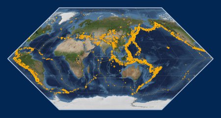 Foto de Ubicaciones de terremotos por encima de Richter 6.5 registrados desde principios del siglo XVII en el mapa satelital de mármol azul del mundo en la proyección de Eckert I centrada en la longitud 90 meridiano este - Imagen libre de derechos