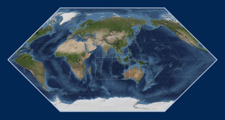 Téléchargez les photos : Carte satellite mondiale en marbre bleu dans la projection Eckert I centrée sur la 90e longitude méridienne est - en image libre de droit