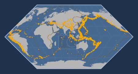 Foto de Ubicaciones de terremotos por encima de Richter 6.5 registradas desde principios del siglo XVII en el mapa del contorno sólido mundial en la proyección de Eckert I centrada en la longitud 90 meridiano este - Imagen libre de derechos