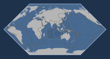 Foto de Límites de placas tectónicas en el mapa de contorno sólido del mundo en la proyección de Eckert I centrada en la longitud 90 meridiano este - Imagen libre de derechos