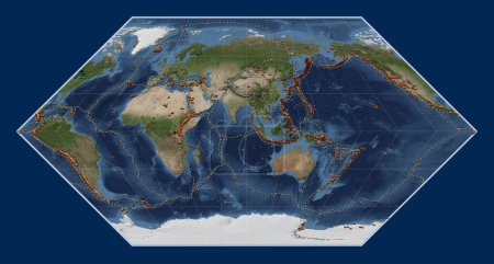Téléchargez les photos : Répartition des volcans connus sur la carte satellite mondiale en marbre bleu dans la projection Eckert I centrée sur la 90e longitude est du méridien - en image libre de droit