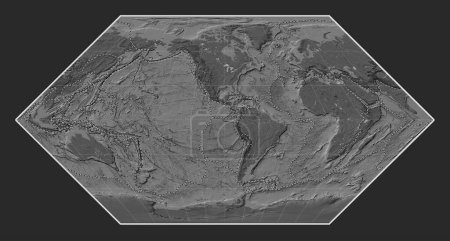 Foto de Límites de placas tectónicas en el mapa de elevación de bileveles del mundo en la proyección de Eckert I centrada en la longitud del meridiano 90 oeste - Imagen libre de derechos